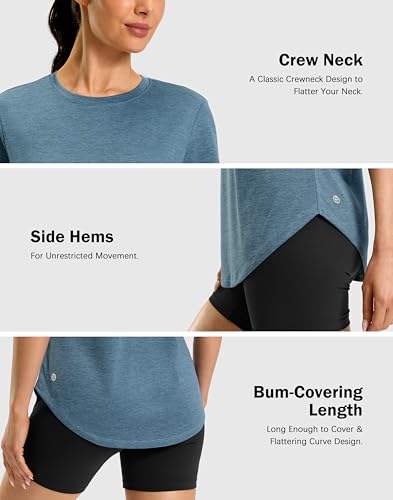 Women's Workout Shirt Bum-Covering Length Short Sleeve Lightweight Dry Fit Large Grey Blue