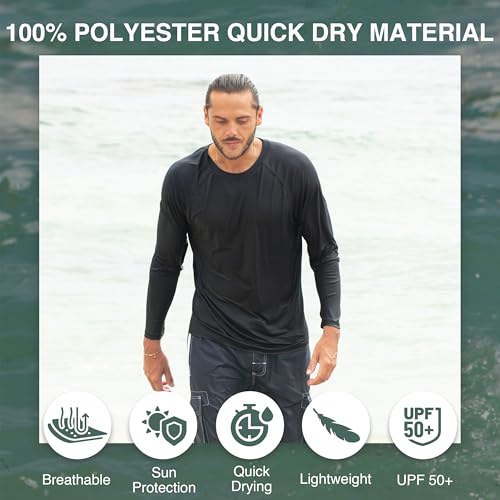 Men's Long Sleeve Swim Shirt - Quick-Dry UPF 50+ Rash Guard - XX-Large Black