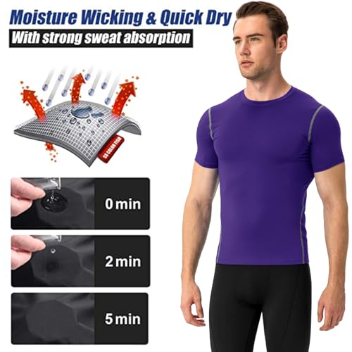 Compression Shirt for Men - Short Sleeve Workout Top - Purple - Medium