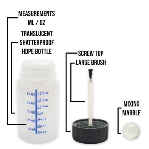 Pack of 4 60cc (2 Ounce) HDPE Bottle with Graduated Markings, Childproof Cap, Mix Ball and Touch-Up Brush for Household or Automotive Paint