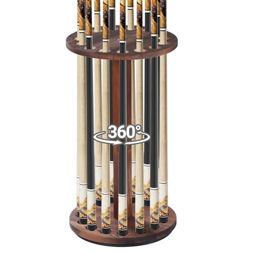 Brown 360° Rotating Wooden Pool Cue Rack Holds 15 Cues - Floor Stand Billiard Organizer
