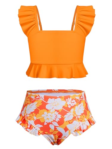 XiaoMoSha Girls 2-Piece Ruffled Bikini Set with Adjustable Straps - Toddler Beach Swimwear 6-7 Years, Orangeflowers