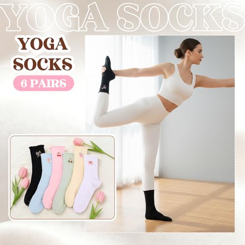 6 Pairs Colorful Grippy Socks for Women - Cute Pilates Gift