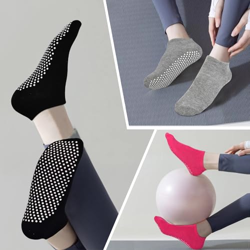Yoga Grip Socks for Women - 3 Pairs Anti-Slip Ballet Barre Socks - Black, Grey & Rose Red