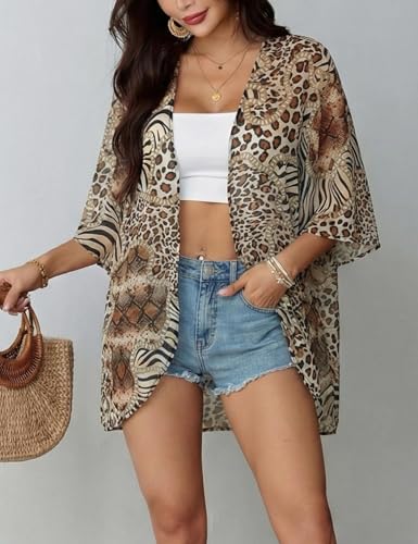 Floral Beach Cover Up Kimono Cardigan - Leopard Zebra, Large