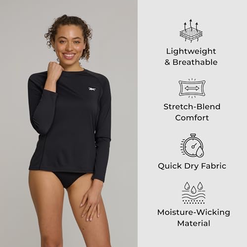 Reebok Women's Long Sleeve Rash Guard Swim Shirt with Pocket - Medium Black