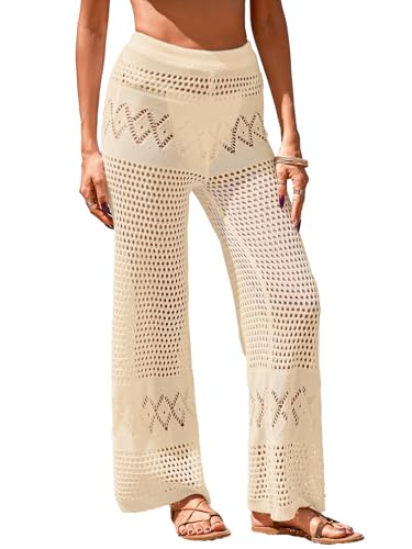 Womens Crochet Swimsuit Coverup Pants - Striped Knit A-apricot, Small