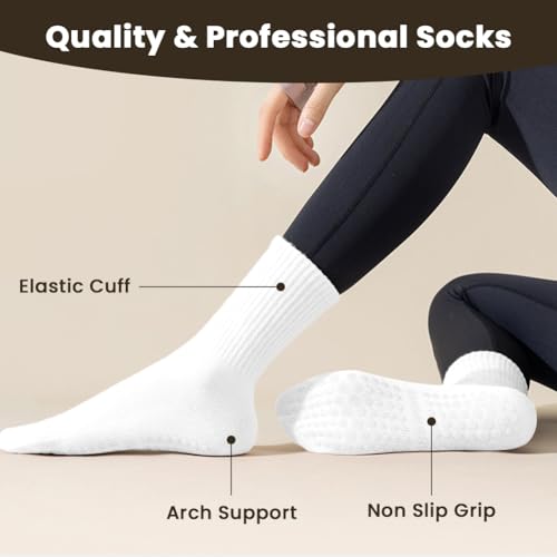 Yoga Socks for Women - Non-Slip Cotton Mid Calf - 4 Pairs White