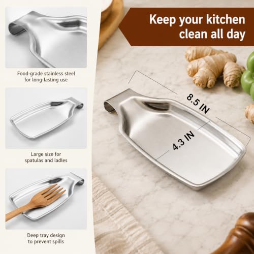 E-far Stainless Steel Spoon Rest Set of 2 - Silver, Large Kitchen Utensil Holders