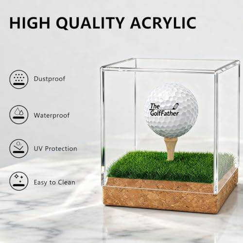 Golf Ball Display Case with Wooden Base & Tee - Clear Acrylic Holder