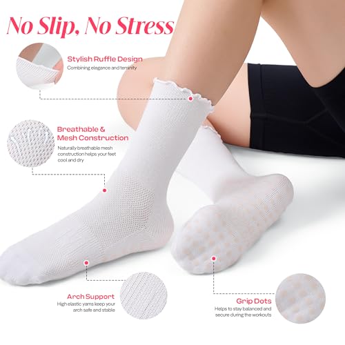 Pilates Socks for Women - Non-Slip Grip Ruffle Crew, 4 Pairs White
