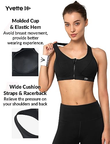Yvette Zip Front High Impact Sports Bra for Large Bust - Medium Plus, Black