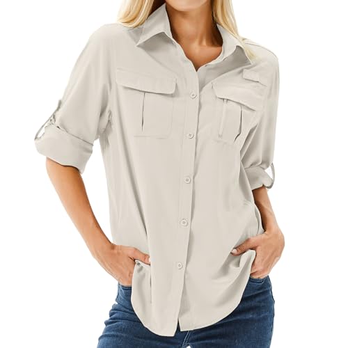 Toumett Women's UPF 50 Sun Protection Long Sleeve Hiking & Fishing Shirt - Light Khaki, Medium