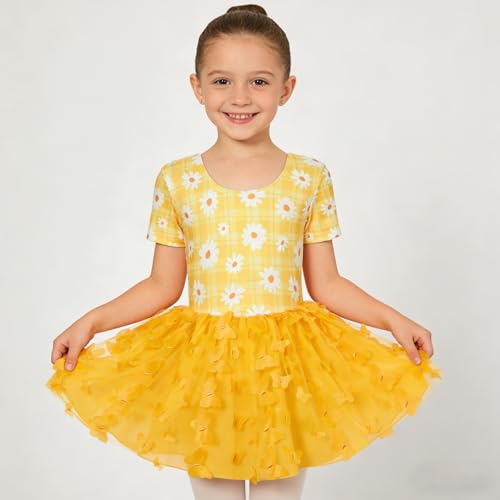 Dance Leotard for Girls with Skirt - Toddler Ballerina Outfit, Yellow Flower, 5T