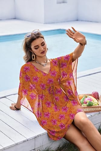 Sheer Chiffon Floral Print Women's Swimsuit Coverup - Orange Floral, Large