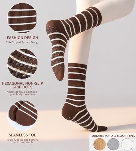 Pilates Socks with Grips - 4 Pairs Non-Slip Yoga Crew - One Size