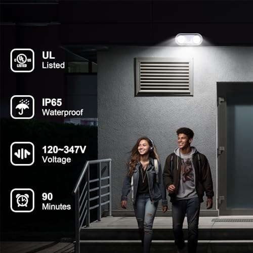 Outdoor Emergency Light with Battery Backup, Exterior Emergency Exit Lights Hardwired, Wet Location LED Egress Lights, Waterproof Commercial Emergency Lighting Fixture, 120-347V, UL Listed(1 Pack)