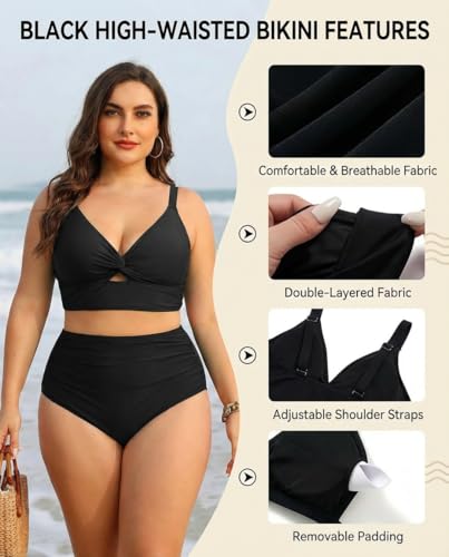 Daci Plus Size High-WWaisted Two-Piece Bikini Swimsuit – Black, 16 Plus