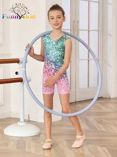 Gymnastics Leotard for Girls with Shorts - A1 Diamond Green Pink, 6-7Y
