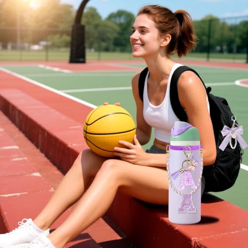 6-Piece Water Bottle Accessory Set with Handle Strap and Charms - Purple