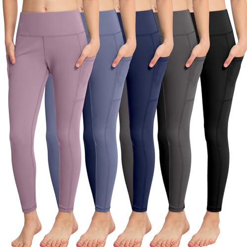 CHRLEISURE Girls' Active Leggings with Pockets - 5 Pack Kids Teen Dance & Yoga Pants, 12-13 Years (Black/Gray/Lilac Pink/Navy/Steel Blue)