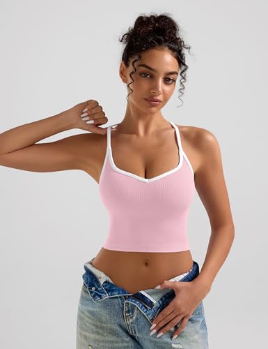 OLCHEE Women's 3-Pack Seamless Ribbed Crop Tank Tops with Contrast Trim - Black, White, Light Pink - Workout Yoga Cami
