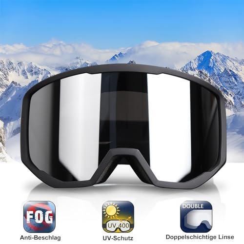 Ski Snowboard Goggles with Anti-Fog UV Protection - Black Frame Silver