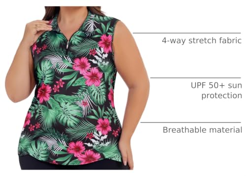 Koscacy Women's Plus Size Tropical Print Sleeveless Golf Polo Zip Up Workout Tank Top 3X-Large