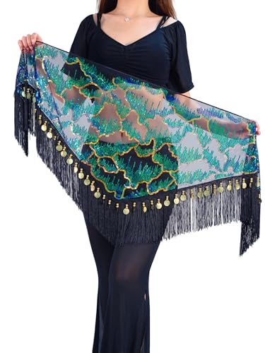 Green One Size Sequin Peacock Belly Dance Hip Scarf Wrap for Women