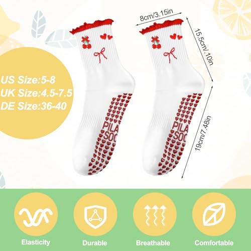 Non-Slip Pilates Grippy Socks for Women - Ruffle Design, 4 Pairs - Red Pink Yellow Green