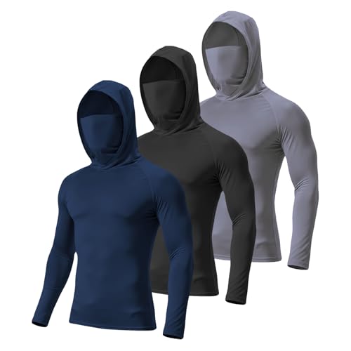 Men's UPF 50+ Sun Protection Hooded Shirt with Built-in Face Mask - Medium, Black/Blue/Gray, 3 Pack
