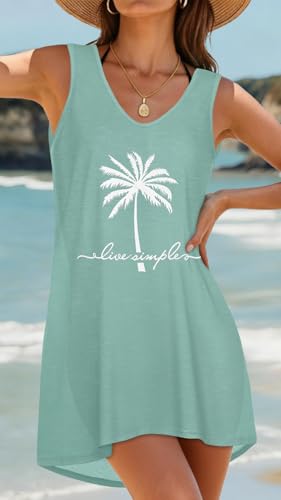 Women's Light Blue Coconut Tree Bikini Coverup Tank Dress - Large