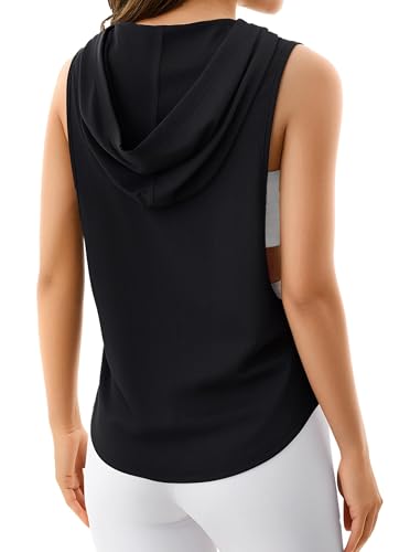Remidoo Sleeveless Hoodie Women’s Open-Side Tank Top, Black, Small