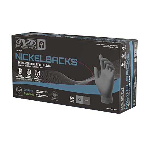 Mechanix Wear: 6 Mil Nickelback Nitrile Gloves with Sweat Absorbing Liner, Latex and Powder Free, Disposable Gloves, Textured Grip, 50 pack, Cleaning and Mechanic Work Gloves (Gray 6 mil, Medium)