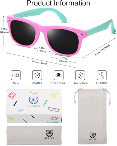 BEALER Kids Polarized Sunglasses for Girls & Boys – UV Protection, Flexible Rubber Frames, 3-9 yrs, M3 Glossy Black+Pink/Cyan+Blue/Dark Blue (45mm)