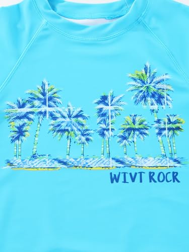 SeaKKO Boys Rash Guard Swim Set with Trunks - Blue Palm Tree, Size 4-16, Quick Dry