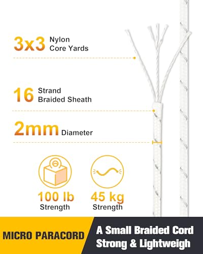 VVAAGG 2mm Reflective Paracord Rope - White, 125FT Micro Cord for Camping & DIY