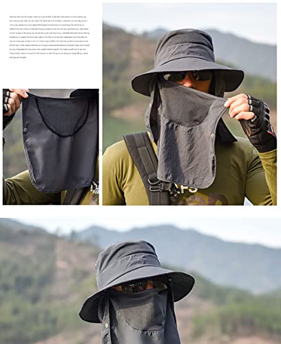 Wide Brim Sun Hat for Men Women - UV Protection with Face Cover & Neck Flap - One Size Dark Grey