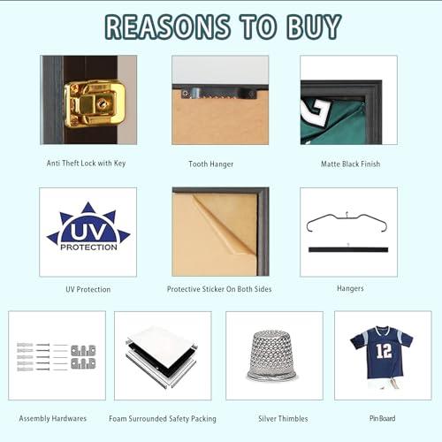 Jersey Frame Display Case - Large Shadow Box with UV Protection, Lockable, Fits Most Sports Jerseys