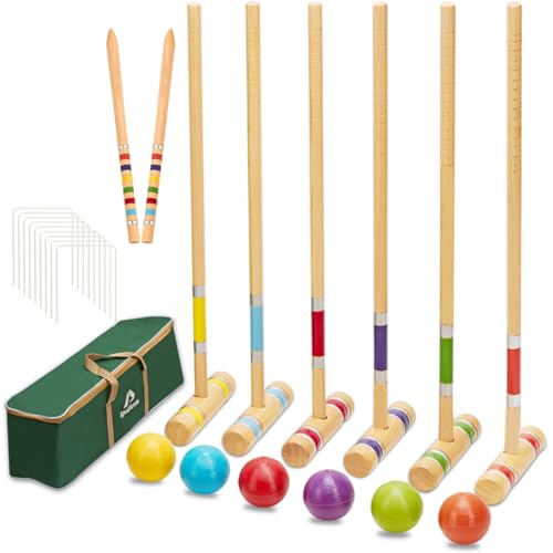 Six Player Croquet Set - 28 Inch Wooden Mallets, Balls & Carry Bag