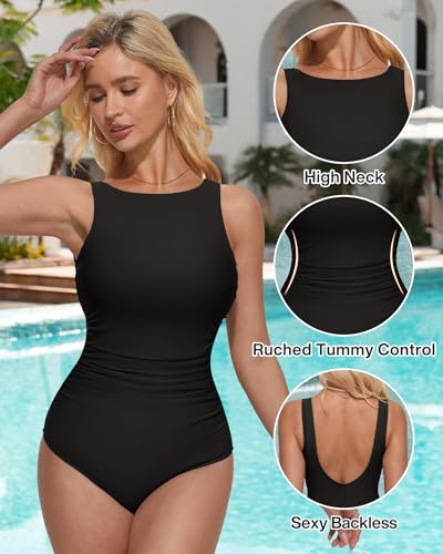 Women’s Large Black One-Piece Ruched Swimsuit Tummy Control Backless Bathing Suit