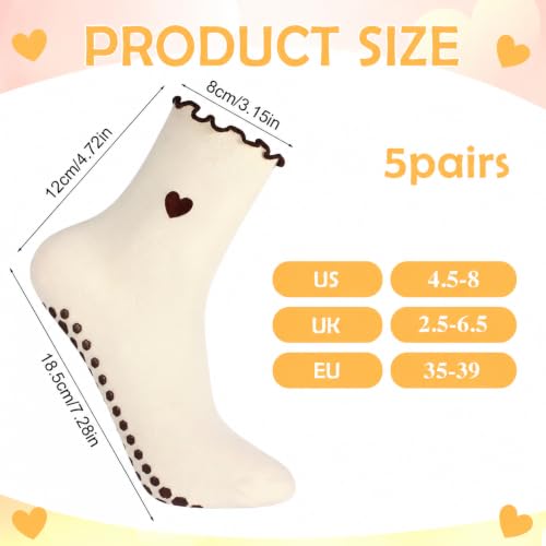 Cute Grippy Pilates Socks - Non-Slip Ruffle, 5 Pairs, Size 4.5-8.5 - White, Black, Beige, Khaki, Coffee Brown