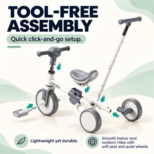 Ridego 5-in-1 Toddler Tricycle with Parent Push Handle, Gray