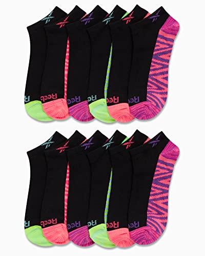 Reebok Girls Low Cut Athletic Socks 12 Pack Large Black Assorted Size