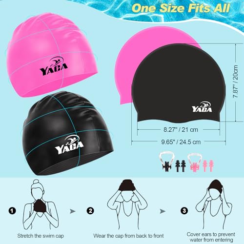 Silicone Swim Cap for Adults - 2 Pack with Ear Plugs, Black & Rose Red
