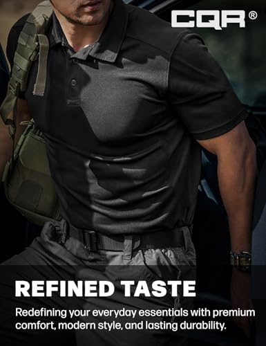 CQR Men's Large Black Quick Dry Tactical Polo Shirt - Breathable Outdoor Golf & Activewear