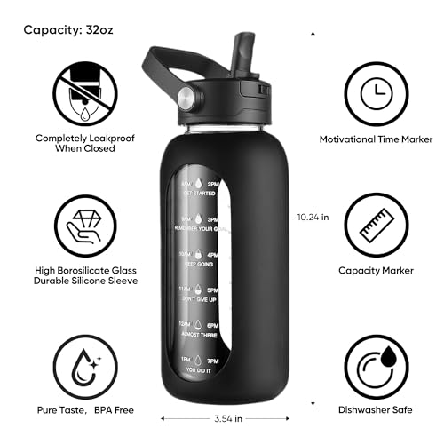 Navy Blue 32 oz Glass Water Bottle with Detachable Straw & Time Marker