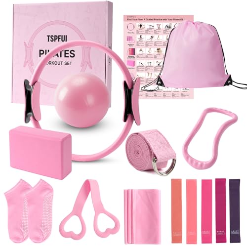 Pilates Kit with Yoga Block & Resistance Bands - Pink