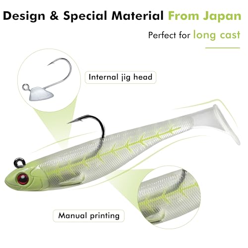 TRUSCEND Shadtale 4-inch 5/8oz Sinking Vibrating Soft Fishing Lure with BKK Hooks - Bass Trout Crappie Walleye