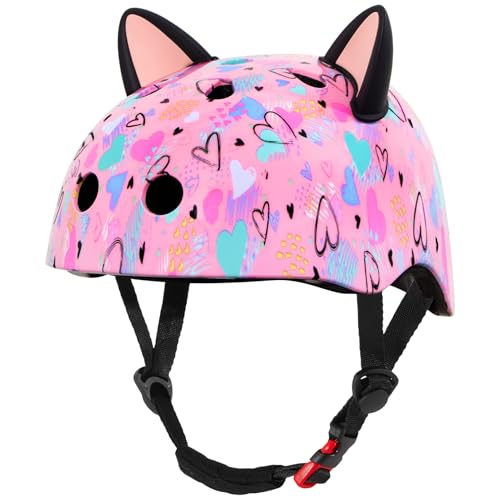 Kids Bike Helmet with DIY Cat Ears - Pink Hearts / Small 3-8
